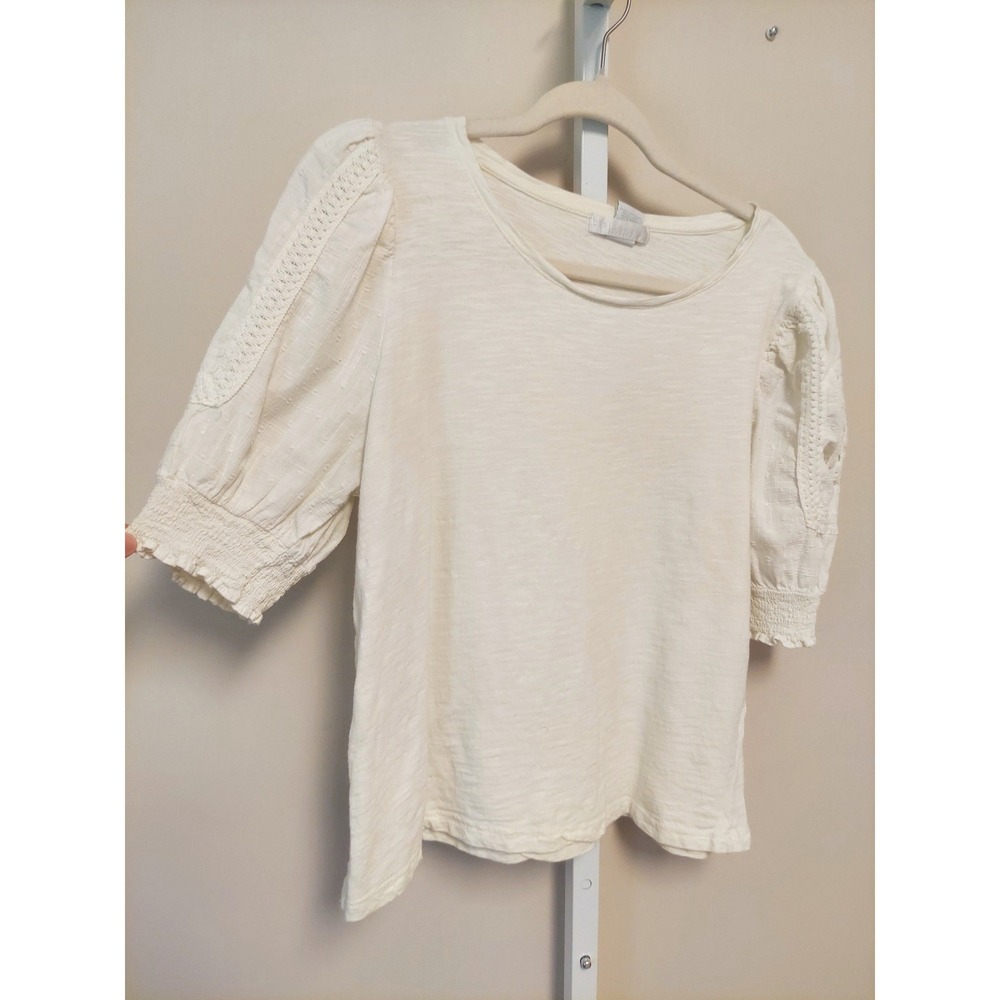 Design History Ivory Cotton Crochet Puff Sleeve Top Large Boho Peasant Prairie